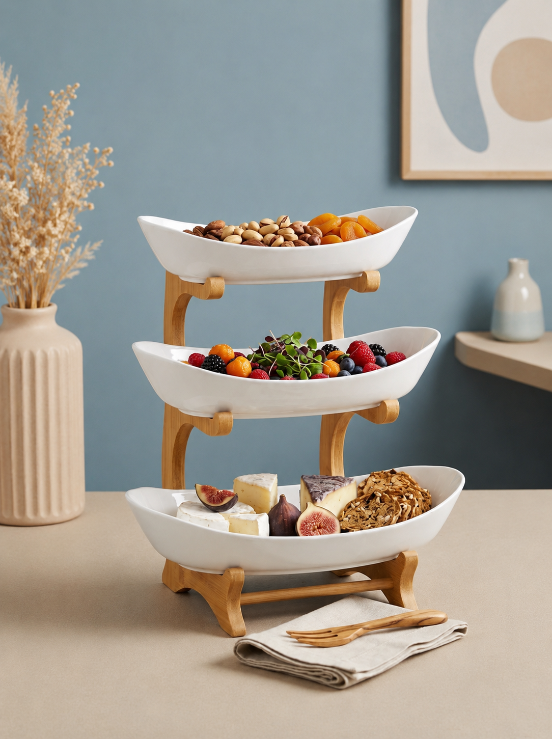 Ceramic 3-Tier Serving Stand with Bamboo Frame