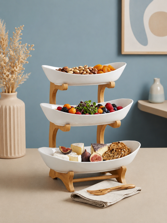 Ceramic 3-Tier Serving Stand with Bamboo Frame