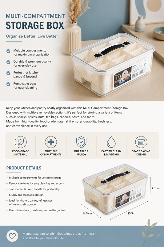 Multi-Compartment Storage Organizer Box with Handle