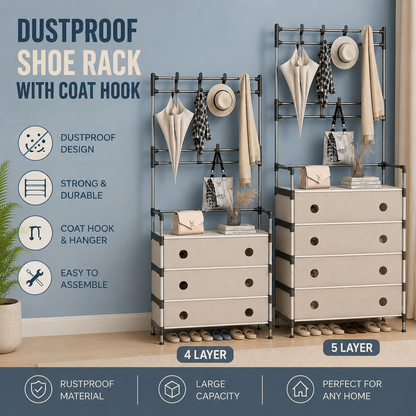 Dustproof Shoe Rack with Coat Hook (4 & 5 Layer)