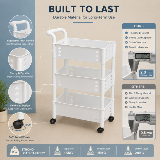3-Tier Multi-Purpose Storage Trolley with Wheels