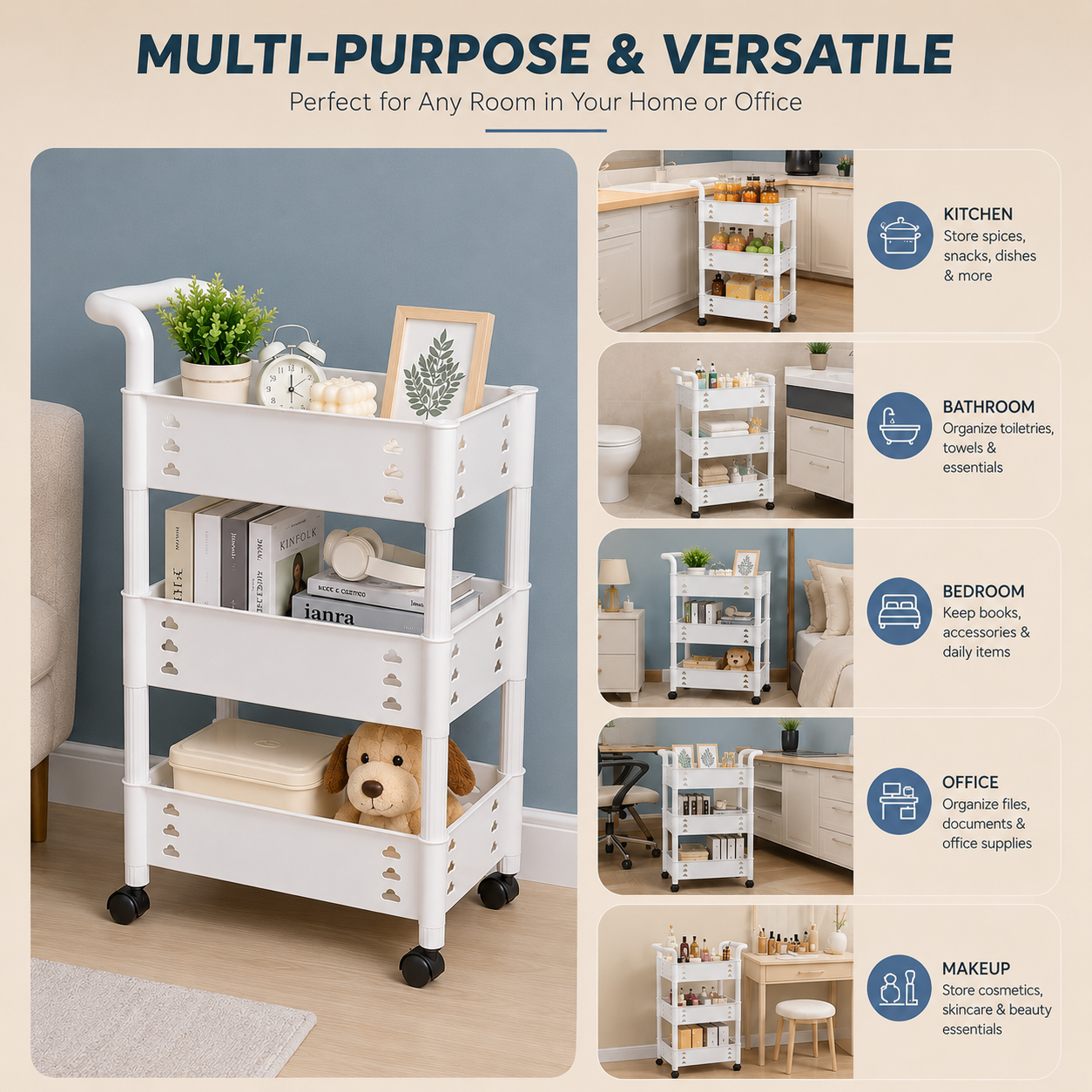 3-Tier Multi-Purpose Storage Trolley with Wheels