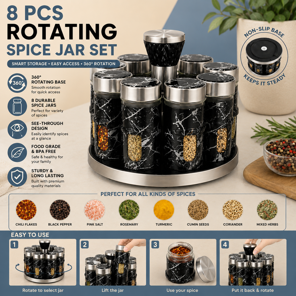8-Piece Rotating Spice Jar Set with 360° Revolving Stand