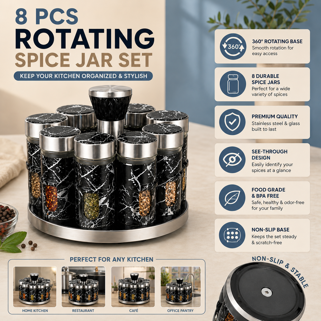 8-Piece Rotating Spice Jar Set with 360° Revolving Stand