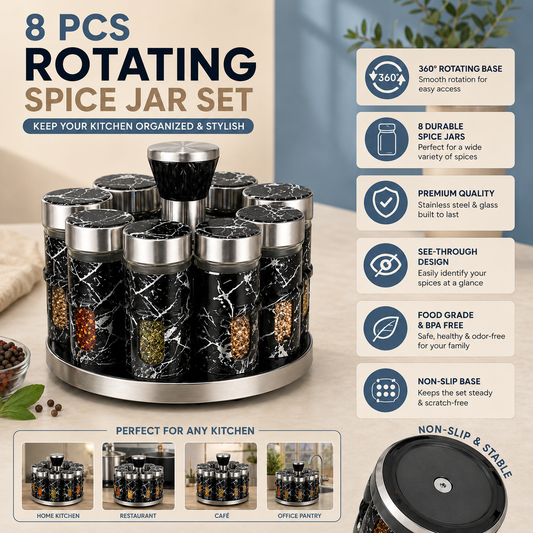 8-Piece Rotating Spice Jar Set with 360° Revolving Stand