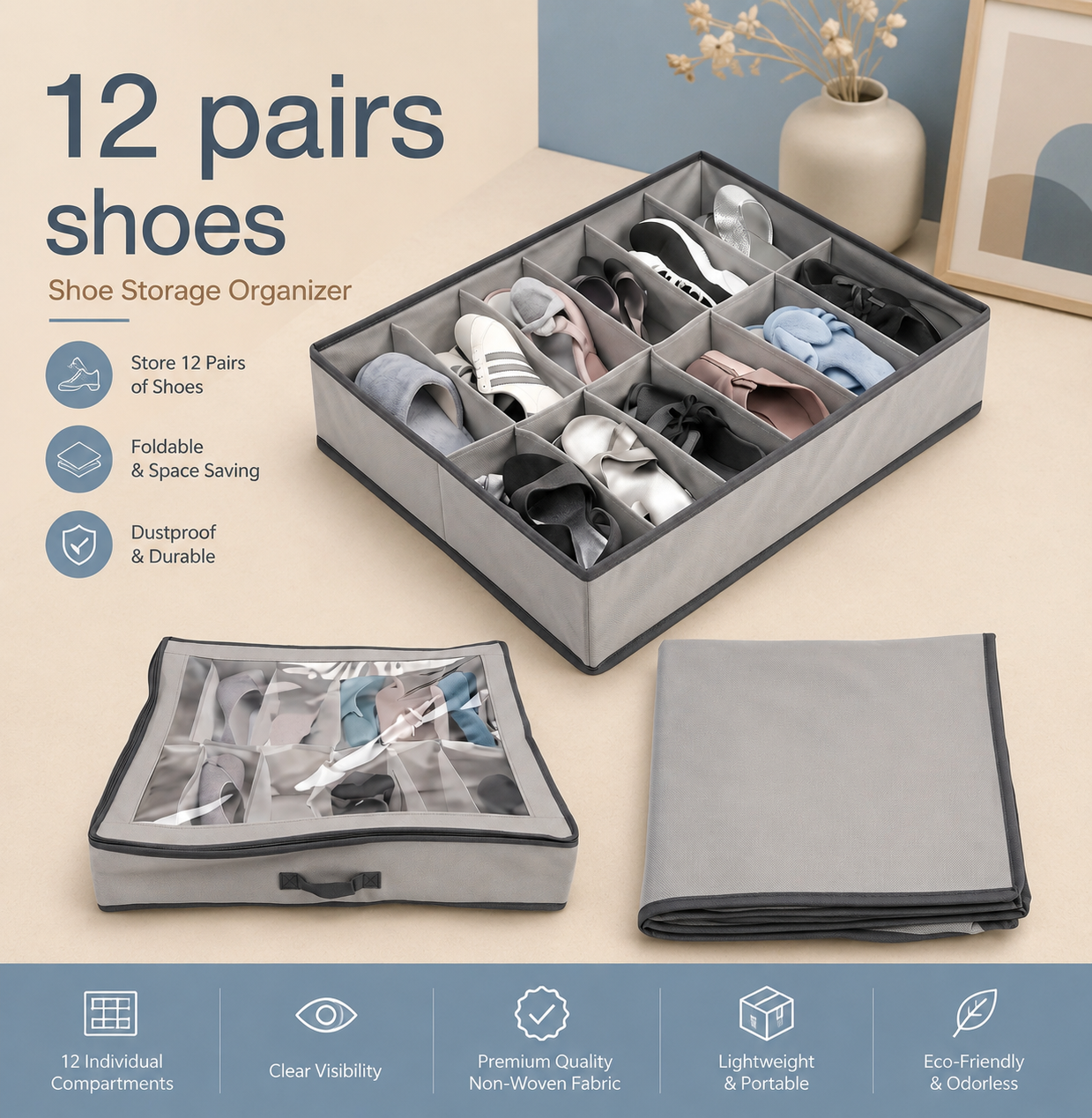 12-Pair Foldable Shoe Storage Organizer with Transparent Cover