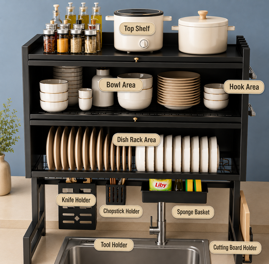 Over-the-Sink 2 Layer Kitchen Dish Drying Rack with Storage Cabinet