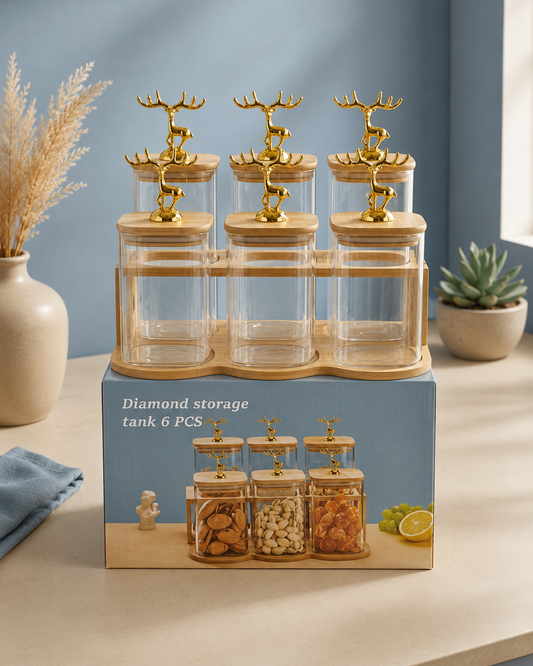 Diamond Glass Storage 6pcs Jar Set with Gold Deer Handle & Bamboo Lids