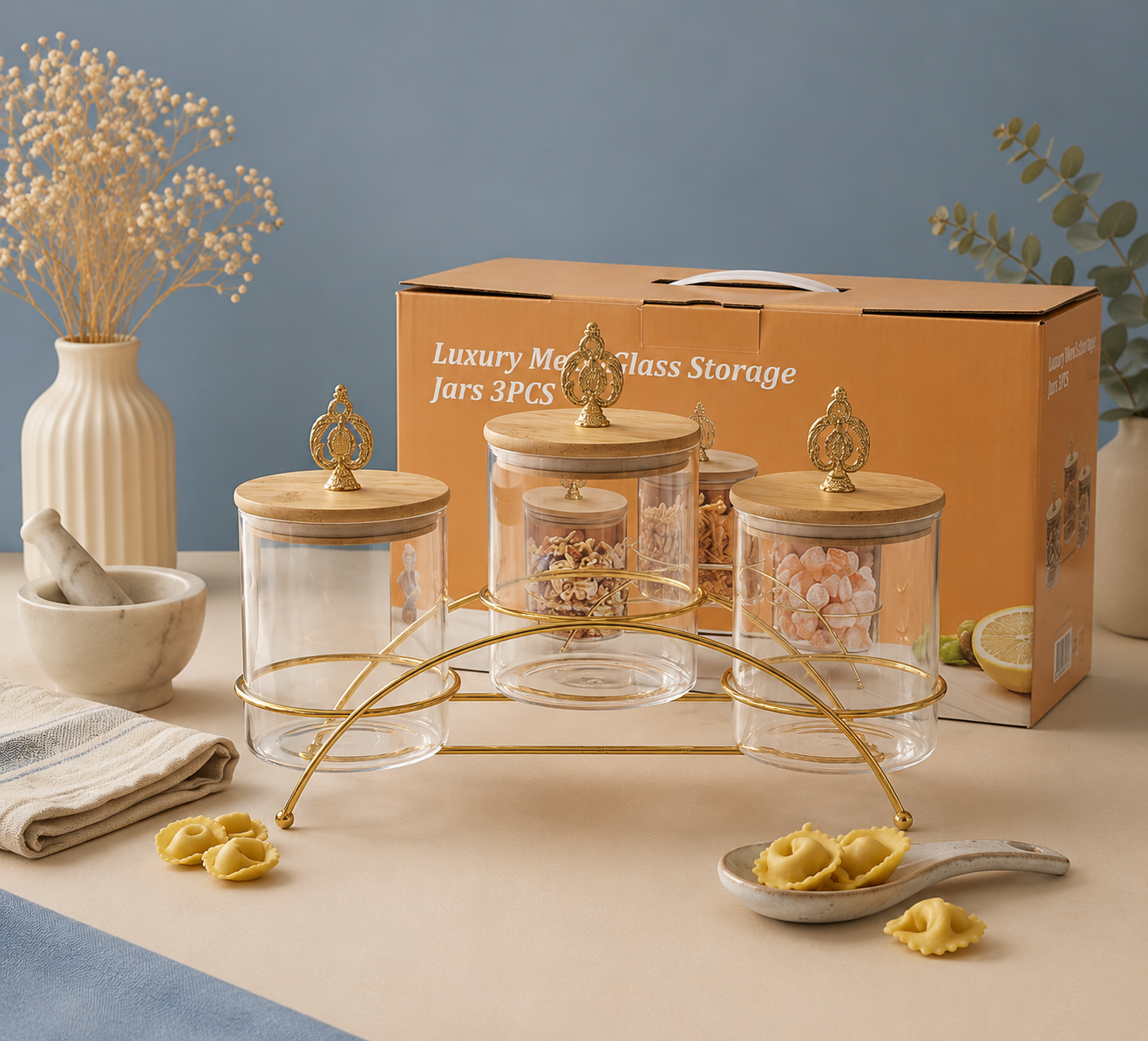 Luxury Glass Storage Jar Set with Gold Stand – 3 Pieces