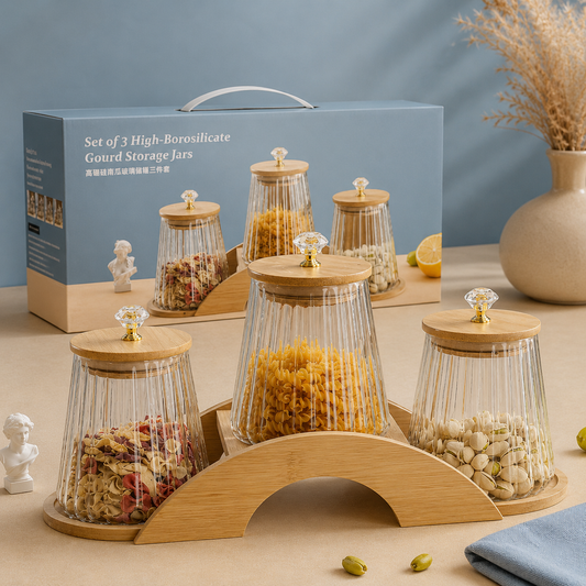 High Borosilicate Glass Storage Jar Set with Bamboo Stand-3-Piece