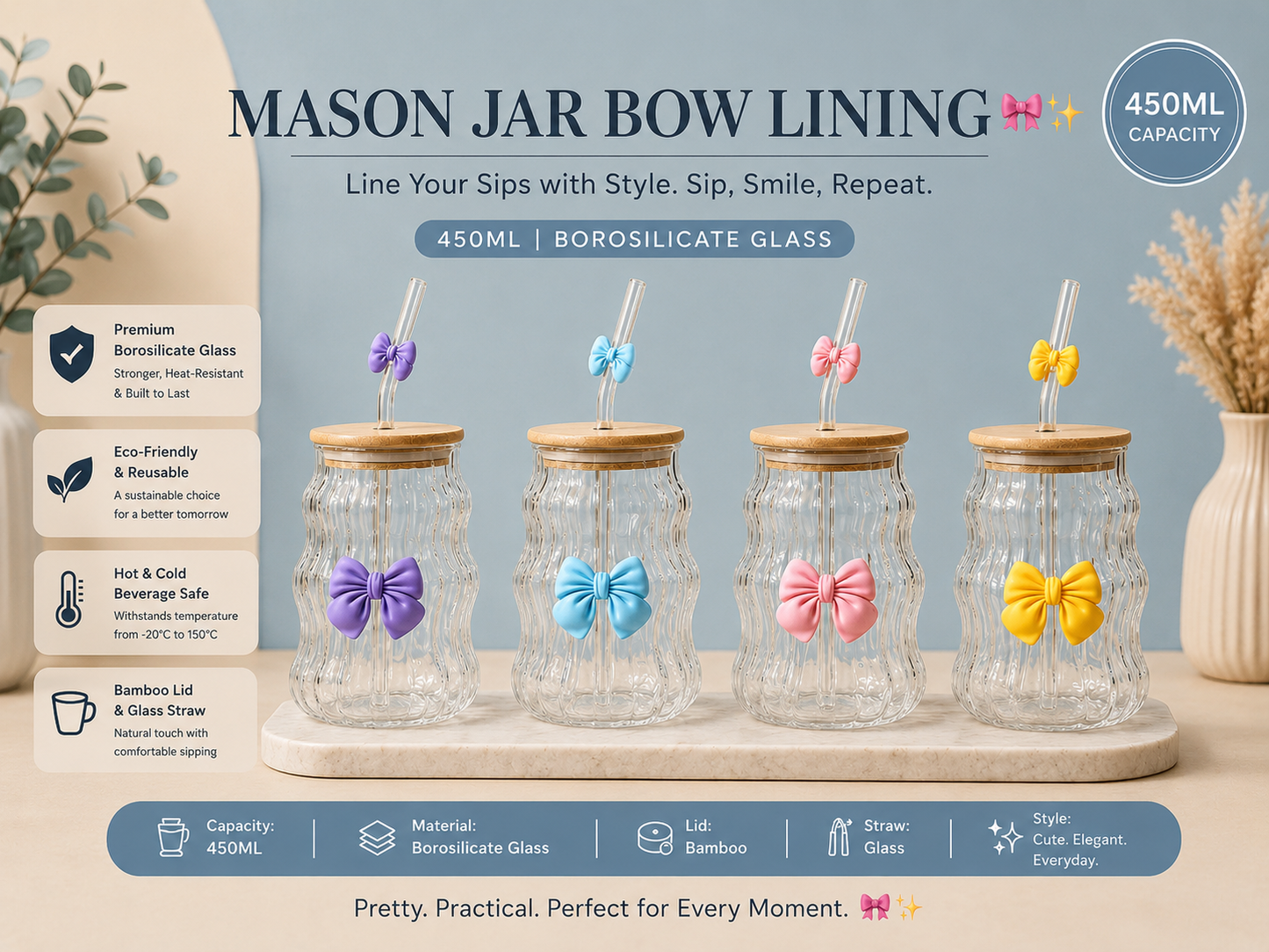 Mason Jar Bow Glass Tumbler – 450ml (Borosilicate Glass) (Random Colors)