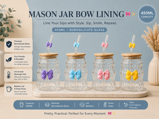 Mason Jar Bow Glass Tumbler – 450ml (Borosilicate Glass) (Random Colors)