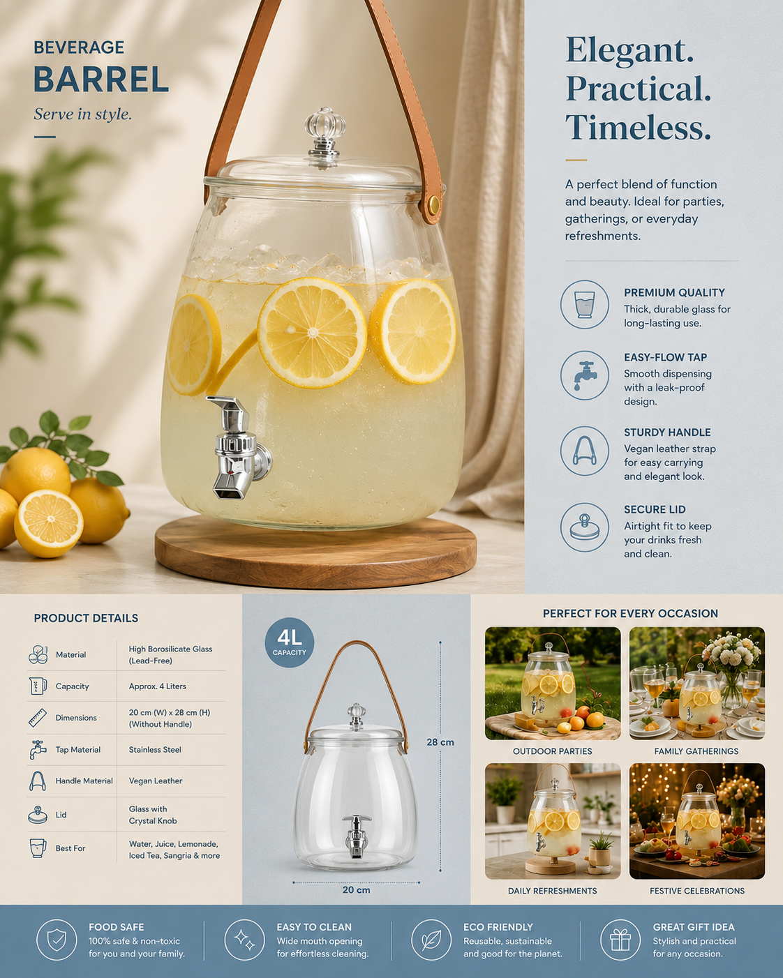 Beverage Barrel Glass Dispenser – 4 Liters