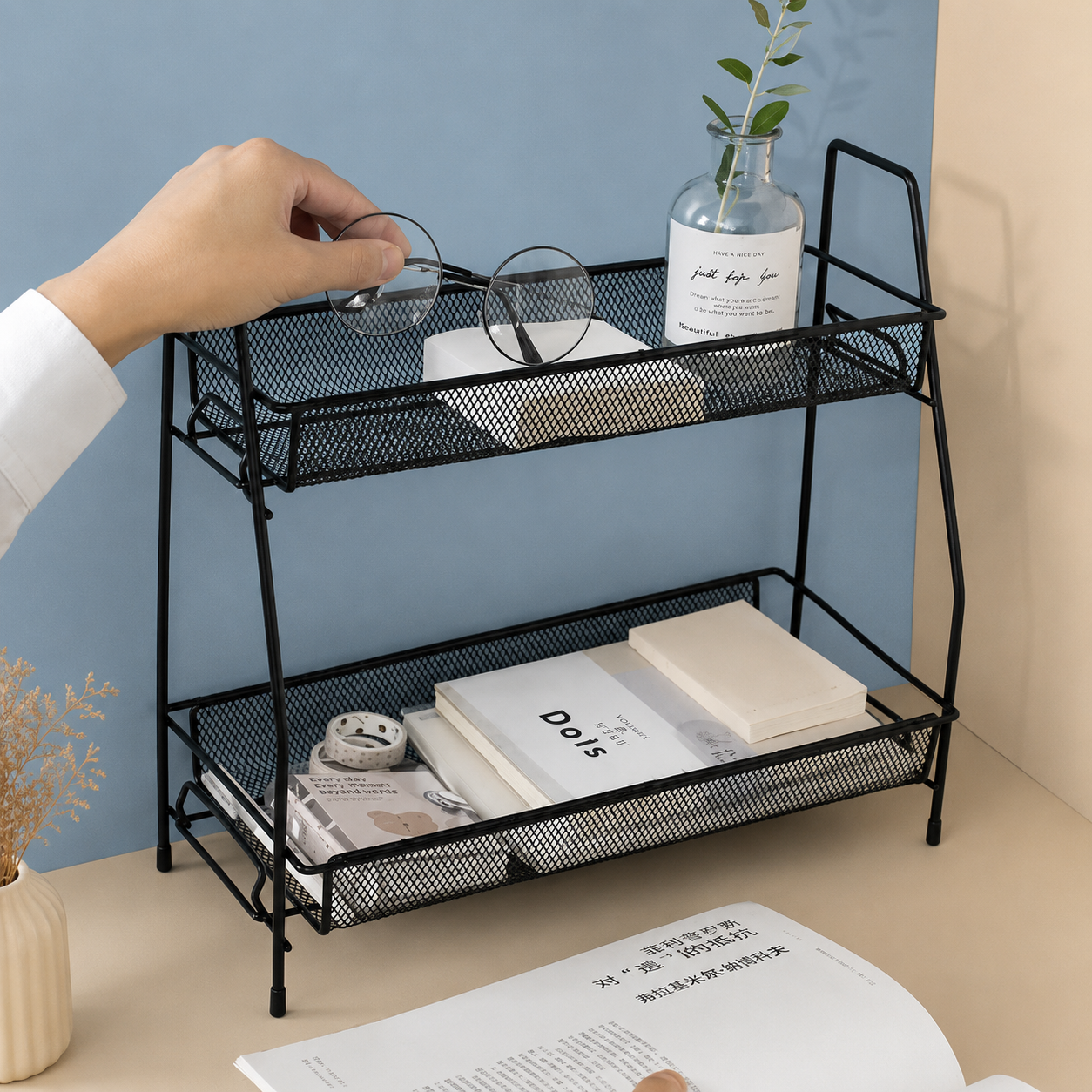 2-Tier Metal Mesh Storage Organizer Rack