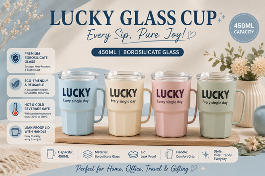 Lucky Glass Cup – 450ml Premium Borosilicate Glass Tumbler with Handle & Leak-Proof Lid