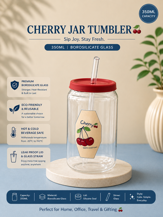Cherry Jar Tumbler – 350ml Borosilicate Glass with Glass Straw