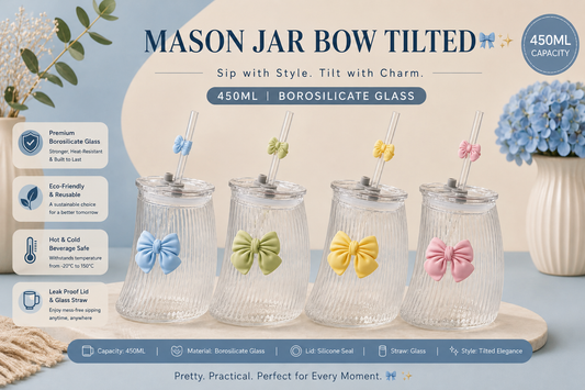 Mason Jar Bow Tilted – 450ml Borosilicate Glass Tumbler with Bow & Glass Straw