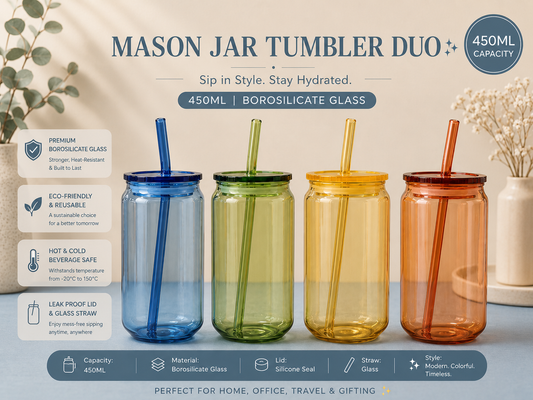 Mason Jar Tumbler Duo – 450ml Borosilicate Glass with Glass Straw