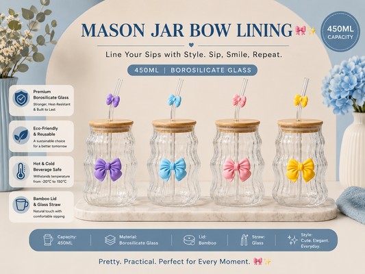 Mason Jar Bow Lining – 450ml Borosilicate Glass Cup with Bamboo Lid & Glass Straw