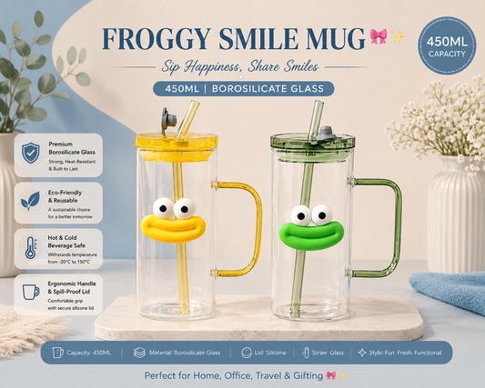 Froggy Smile Mug – 450ml Borosilicate Glass Tumbler with Straw & Spill-Proof Lid