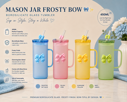 Mason Jar Frosty Bow – 450ml Borosilicate Glass Tumbler with Glass Straw