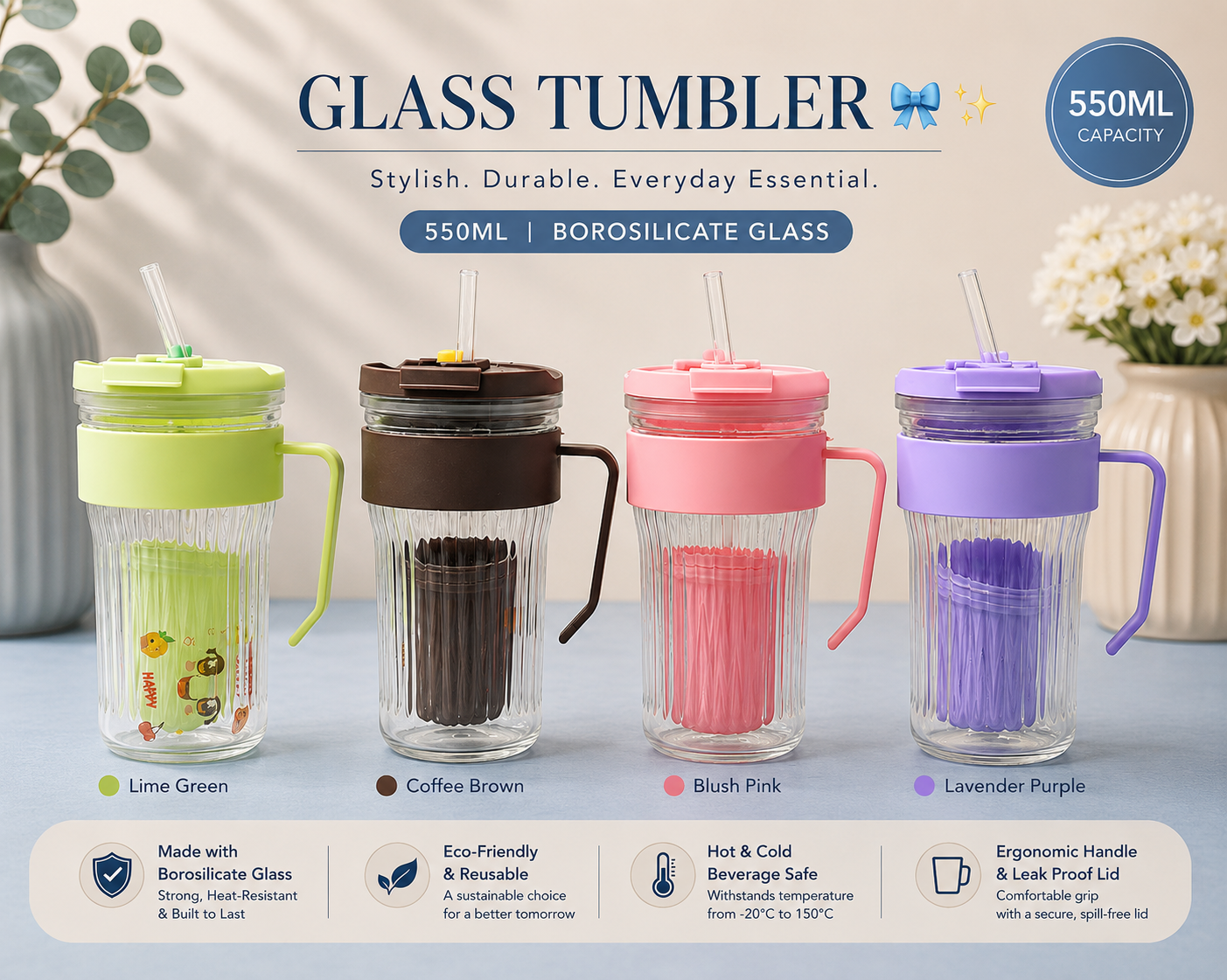 Glass Tumbler – 550ml Premium Borosilicate Glass Cup