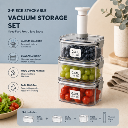 Stackable Vacuum Storage 3 pcs Set with Vacuum Pump