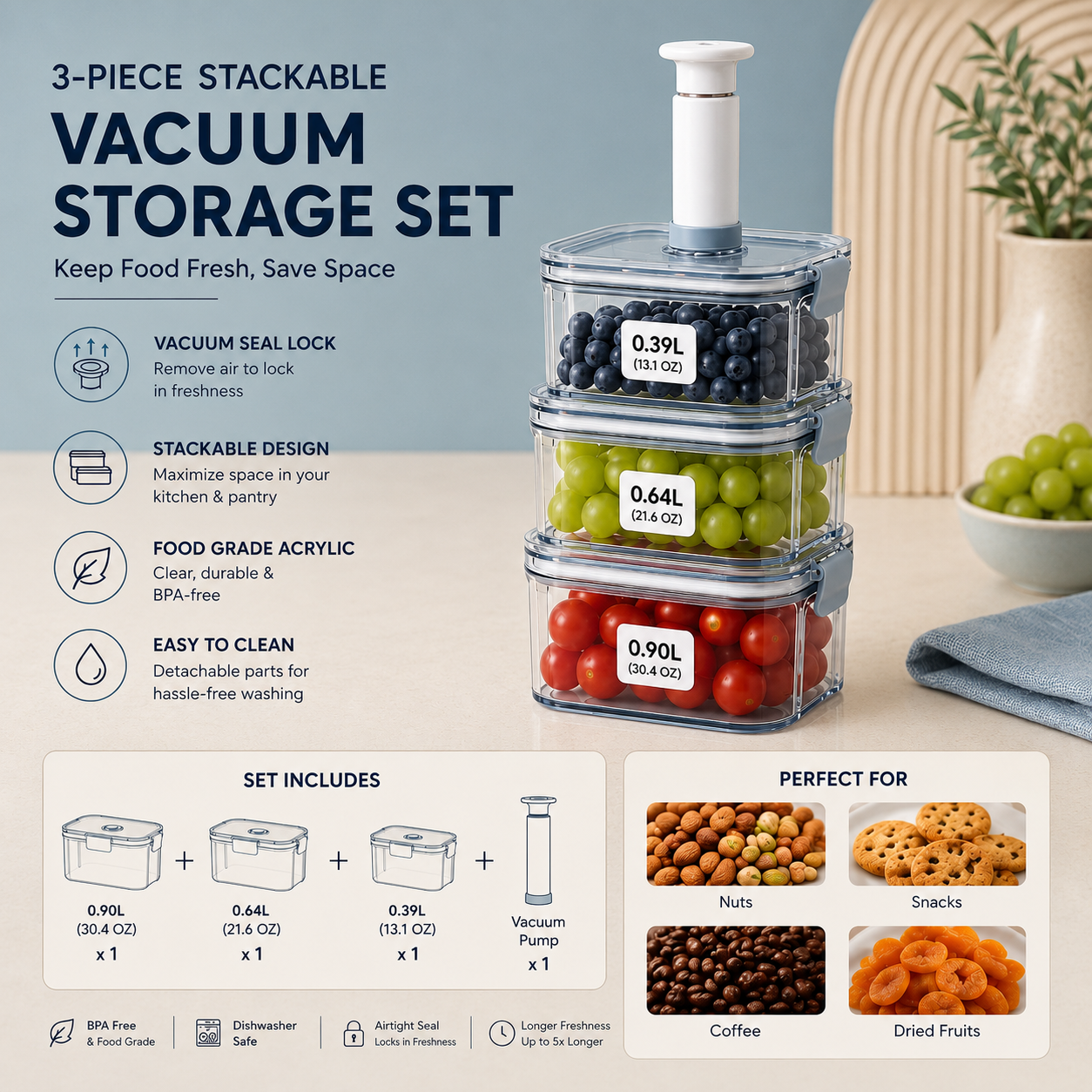 Stackable Vacuum Storage 3 pcs Set with Vacuum Pump
