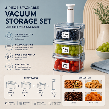 Stackable Vacuum Storage 3 pcs Set with Vacuum Pump