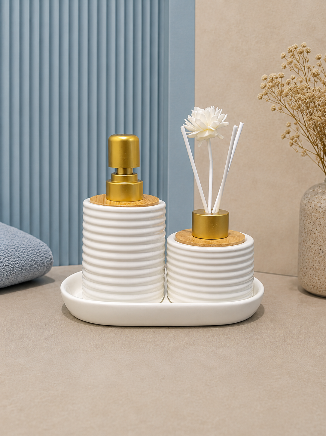 Ribbed Ceramic Bathroom Accessory Set with Soap Dispenser & Reed Diffuser
