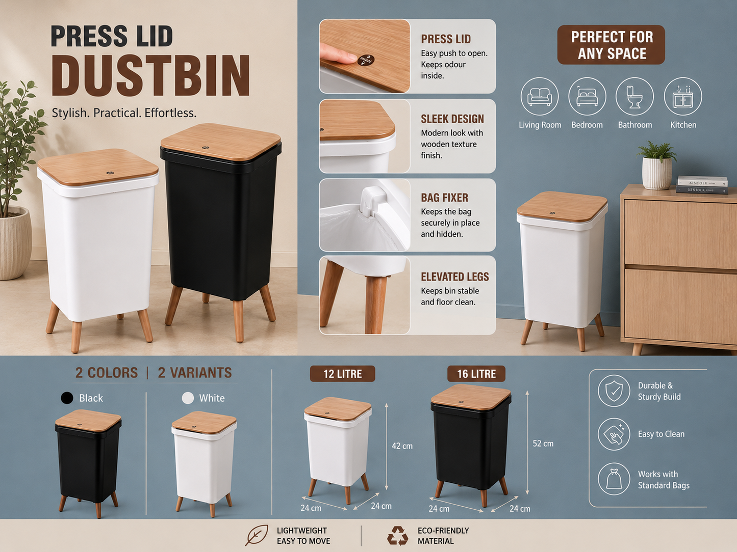 Premium Press Lid Dustbin with Legs (12L & 16L)
