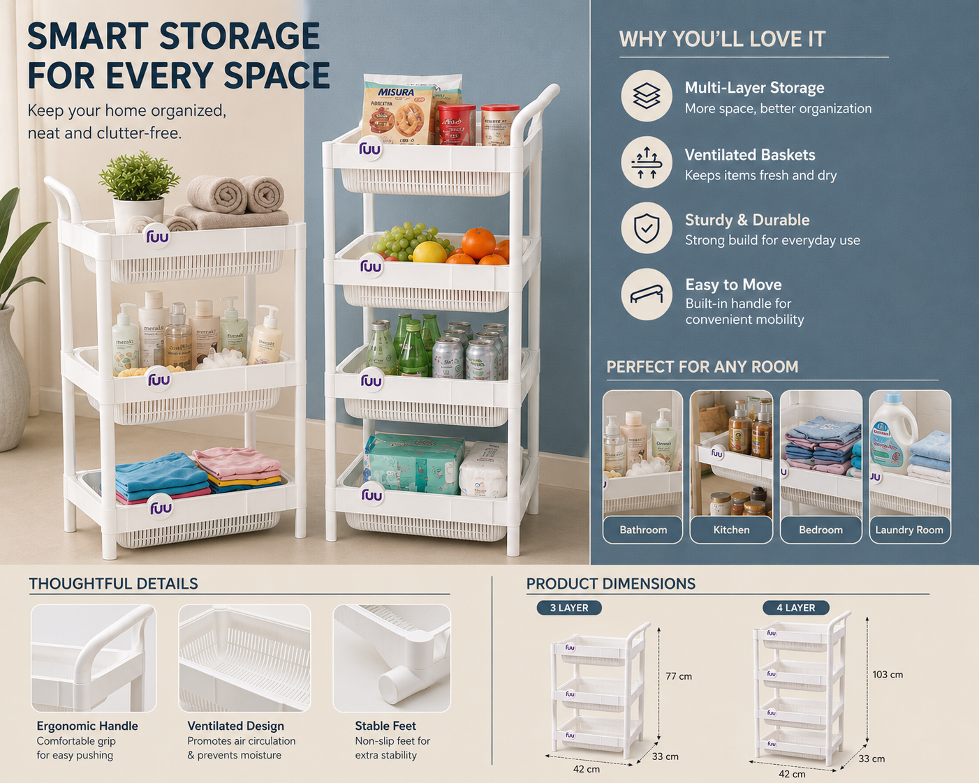 Multipurpose Storage Rack Organizer – Ventilated Plastic Basket Shelf for Kitchen, Bathroom & Laundry