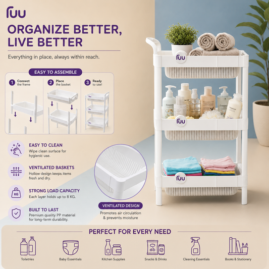 Multipurpose Storage Rack Organizer – Ventilated Plastic Basket Shelf for Kitchen, Bathroom & Laundry