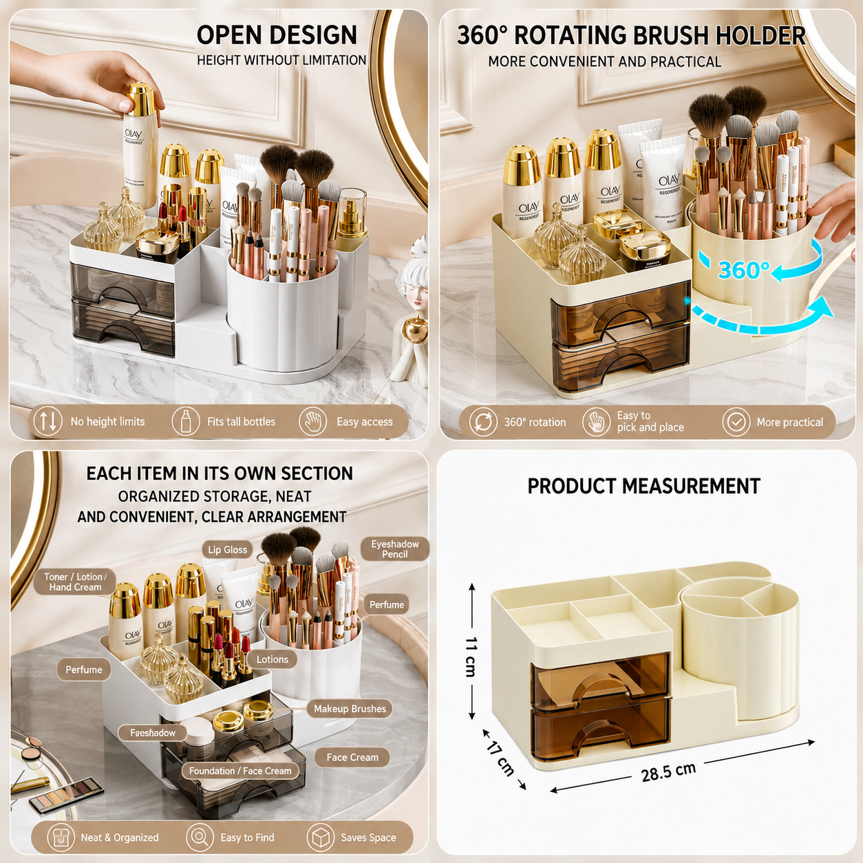 360° Rotating Makeup & Cosmetic Organizer with 2 Drawers
