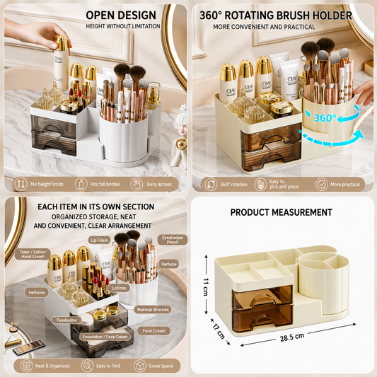 360° Rotating Makeup & Cosmetic Organizer with 2 Drawers