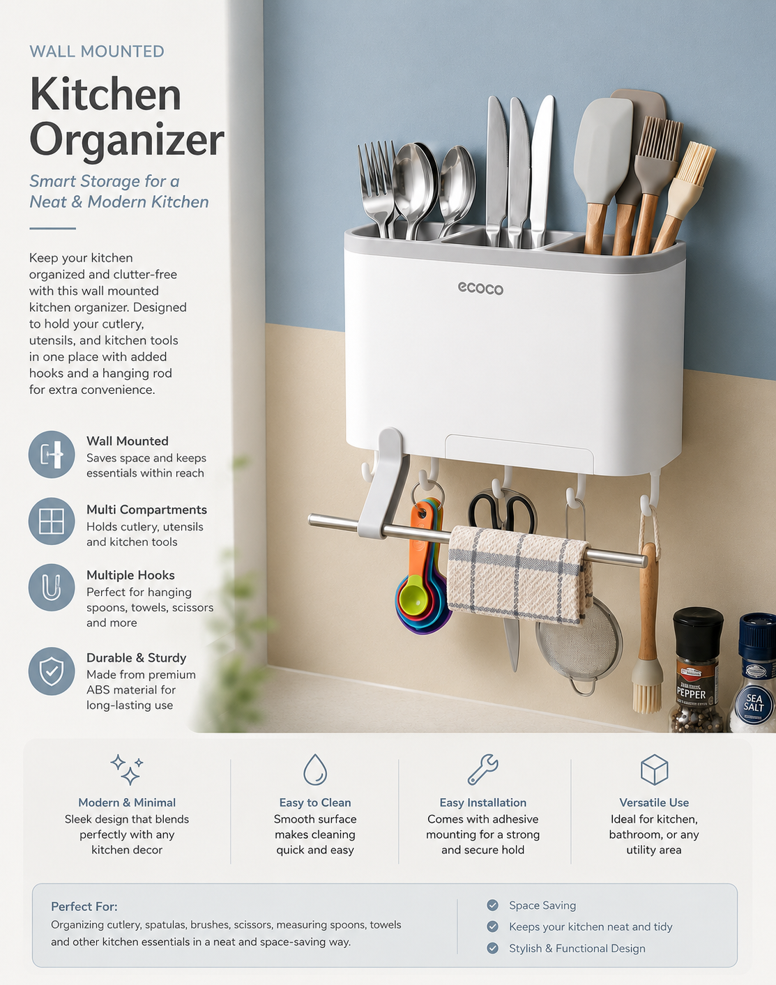 Wall Mounted Ecoco Kitchen Utensil Organizer with Hooks & Towel Rod