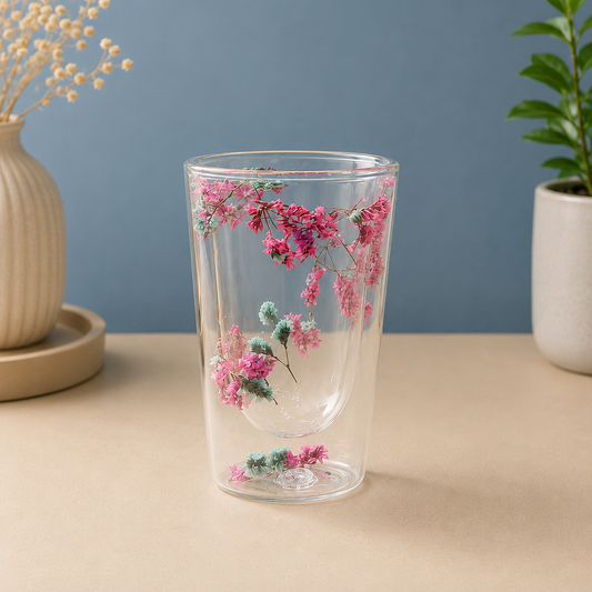 🌸 Dried Flower Double Wall Glass Tumbler – Elegant & Unique Drinkware