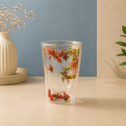 🌸 Dried Flower Double Wall Glass Tumbler – Elegant & Unique Drinkware