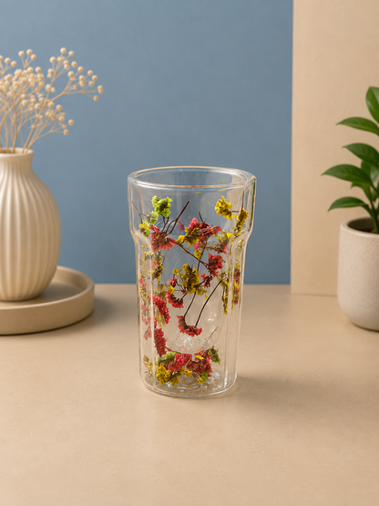 🌸 Double Wall Dried Flower Glass Tumbler – Elegant Floral Drinking Glass (350ml)