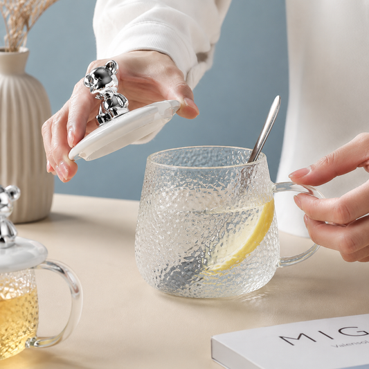 Textured Glass Mug with Bear Lid & Spoon