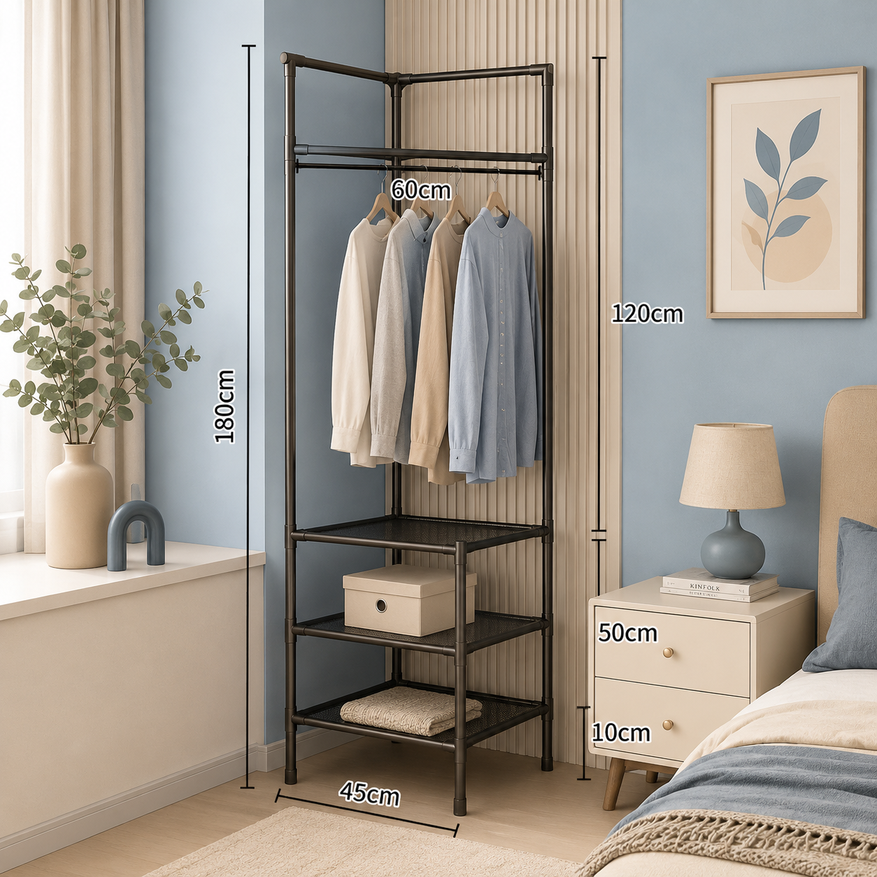 Corner Clothes Rack with Storage Shelves