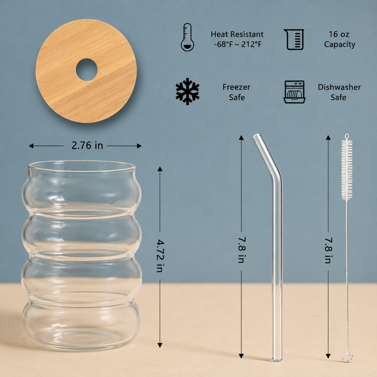 Ribbed Glass Tumbler with Bamboo Lid & Glass Straw 500ml