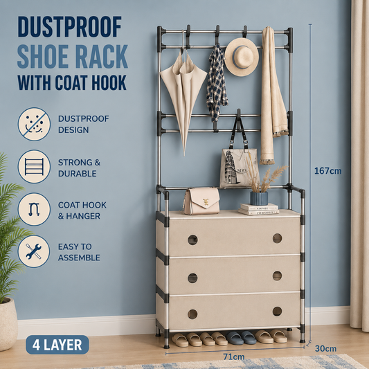 Dustproof Shoe Rack with Coat Hook (4 & 5 Layer)