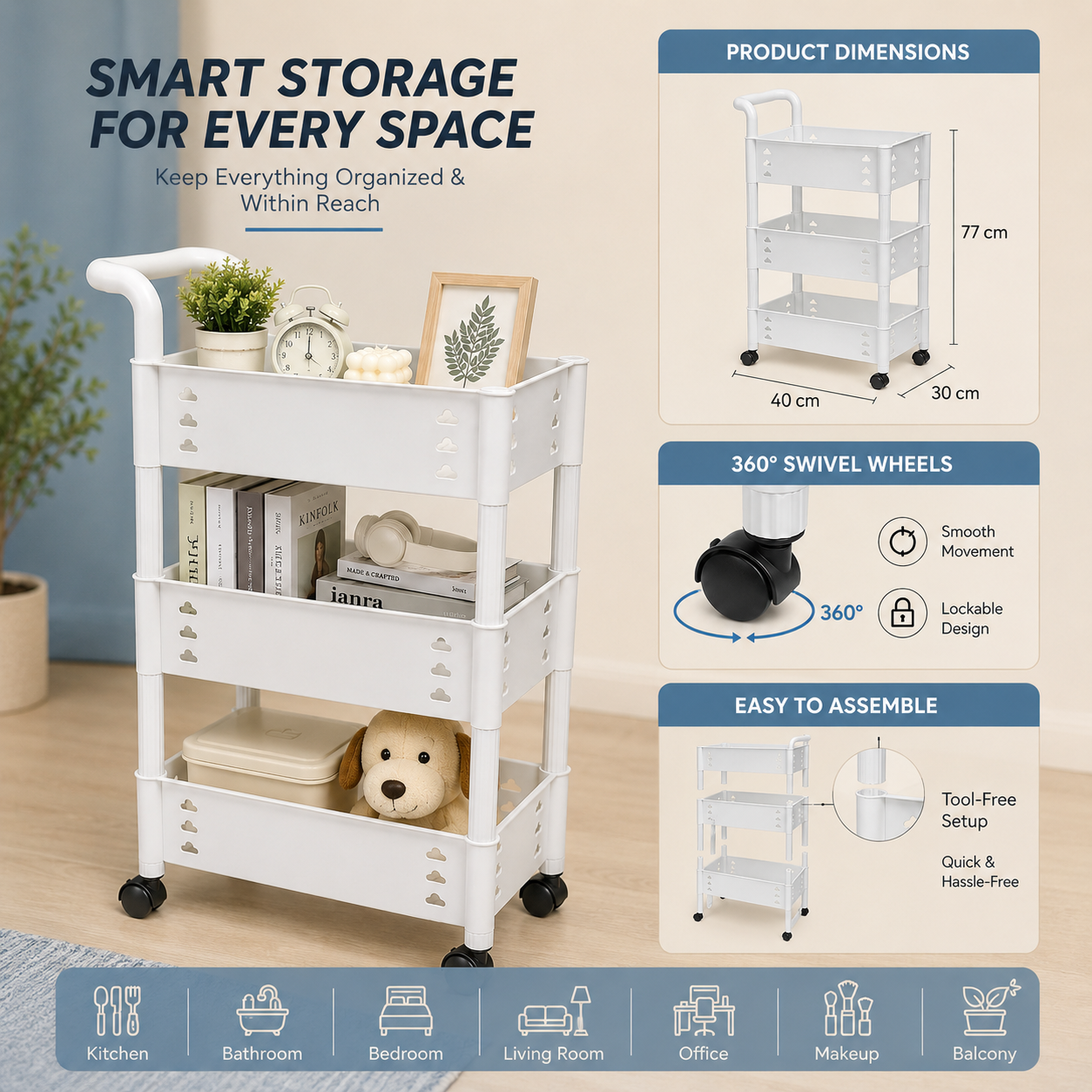 3-Tier Multi-Purpose Storage Trolley with Wheels