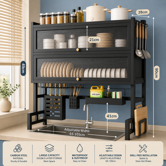 Over-the-Sink 2 Layer Kitchen Dish Drying Rack with Storage Cabinet