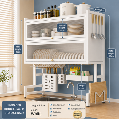 Over-the-Sink 2 Layer Kitchen Dish Drying Rack with Storage Cabinet