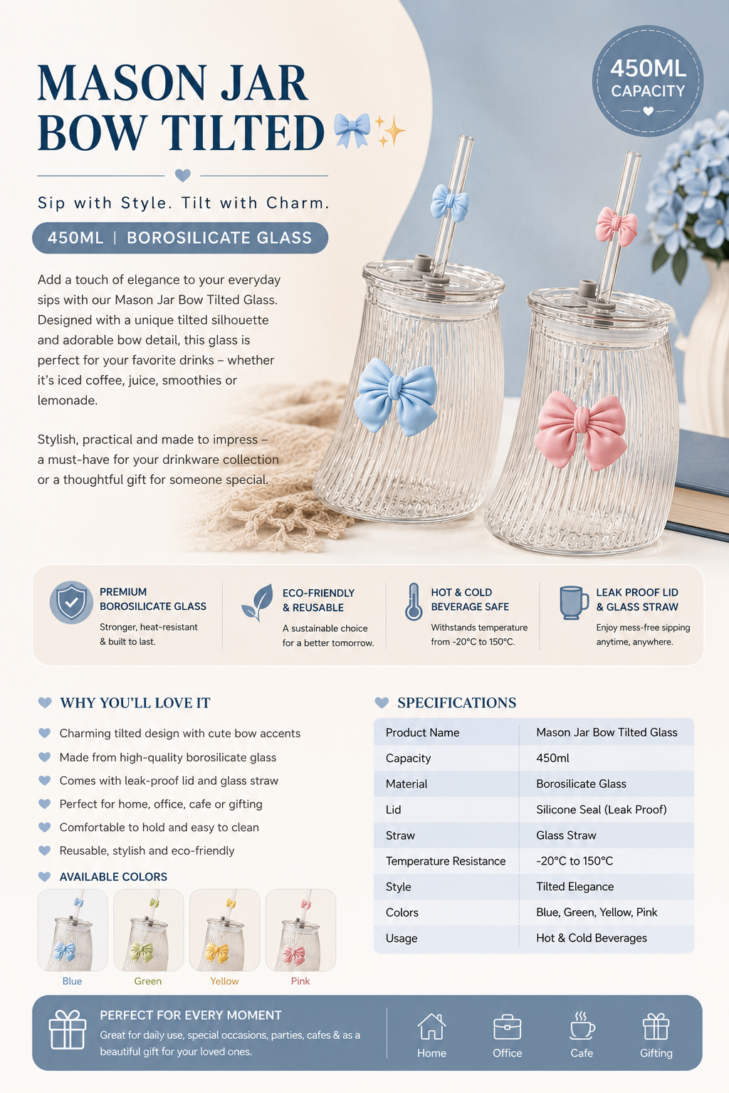 Mason Jar Bow Tilted – 450ml Borosilicate Glass Tumbler with Bow & Glass Straw