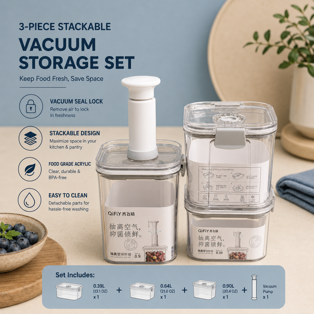 Stackable Vacuum Storage 3 pcs Set with Vacuum Pump