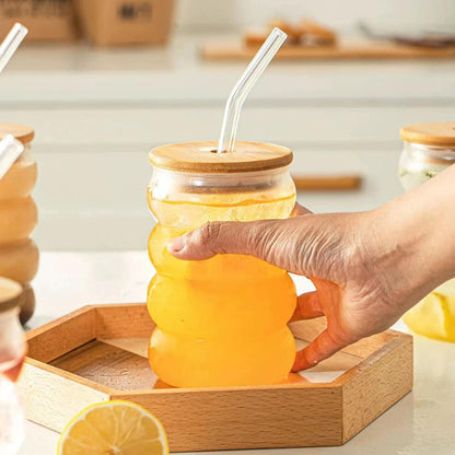Ribbed Glass Tumbler with Bamboo Lid & Glass Straw 500ml