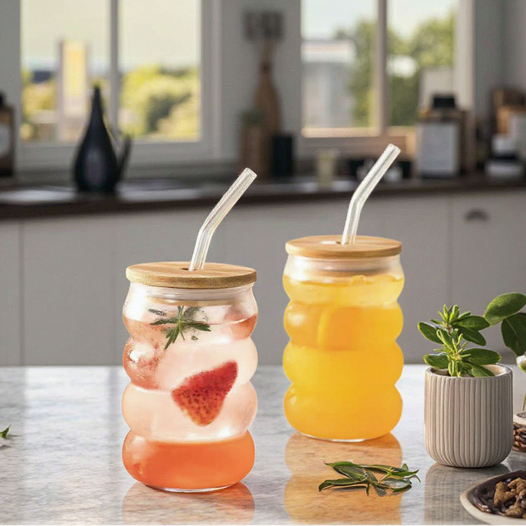 Ribbed Glass Tumbler with Bamboo Lid & Glass Straw 500ml